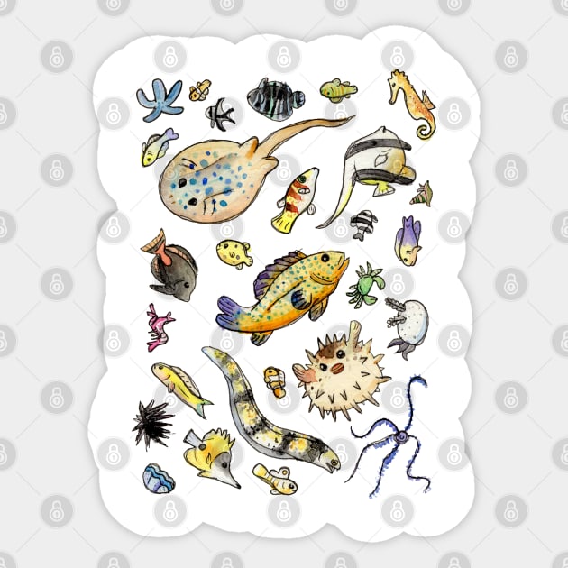 Saltwater fish friends in watercolor Sticker by narwhalwall